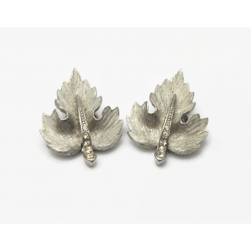 Vintage Silver Leaf Clip on Earrings with Clear Rhinestones and Faux Marcasites Leaf Shaped Jewelry