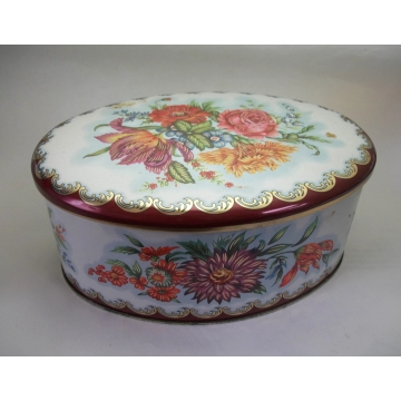 Vintage Daher Oval Tin Made in England 6 inch Long Floral Tin White Gold Red Orange Pink