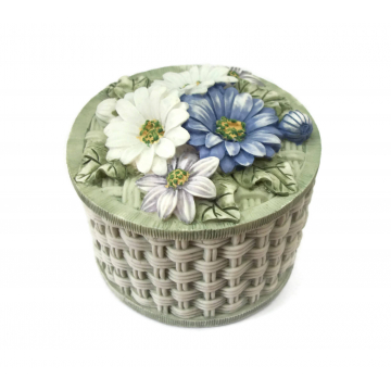 Vintage Flower Basket Trinket Box  Round Resin Floral Keepsake Box with Lid   Green Basketweave Woven Design Blue White Lavender Daisies