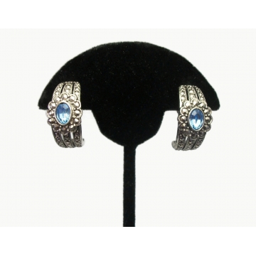 Vintage Avon Silver Faux Marcasite Clip on Earrings Half Hoops with Aquamarine Blue Colored Rhinestones