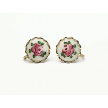 Vintage Guilloche Rose Screw Back Earrings White and Pink Enamel Floral Clip on Earrings Small Dainty Romantic
