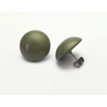 Vintage Olive Green Button Earrings Round Domed Army Green Post Earrings for Pierced Ears