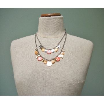 Vintage Red and Peach Mother of Pearl Medallion Silver and Gold Double Strand Long Layering Charm Necklace