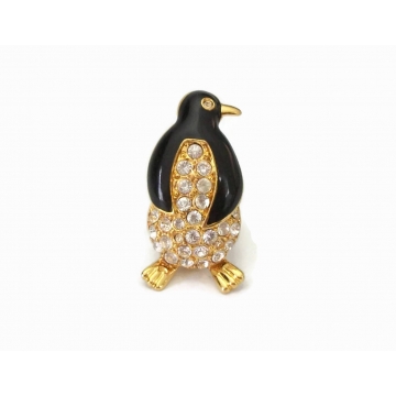 Monet Crystal Penguin Brooch Small Black Enamel Clear Pave Rhinestone Penguin Pin Gold Tone Enamel Animal Lapel Pin Vintage Signed