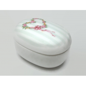 Vintage Otagiri Porcelain Trinket Ring Box Made in Japan Pink White Grey Stripes Flowers Roses Floral Heart Wreath Keepsake Box