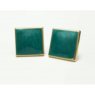 Vintage Square Green Enamel Swirl Clip on Earrings Lightweight Large 1 inch Chunky Green and Gold Earrings