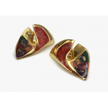 Vintage Don-Lin Enamel Clip on Earrings Large Big Colorful Enamel Swirl And Gold Tone Abstract Earrings Signed Don Lin Jewelry