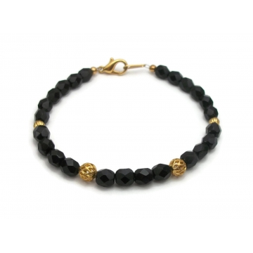 Vintage Black and Gold Beaded Bracelet 7 1/2 inch for Women or Men Faceted Black Beads  Narrow Thin Minimalist Bracelet