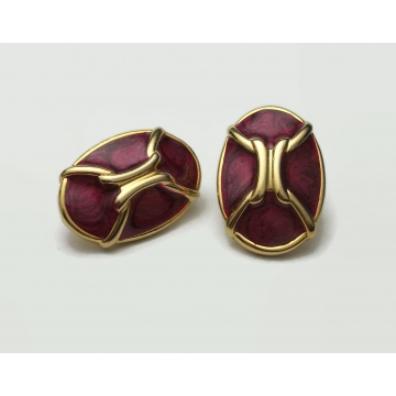 Vintage Gold Tone and Magenta Swirl Enamel Clip on Earrings Oval Enamel Earrings Fuchsia Purple