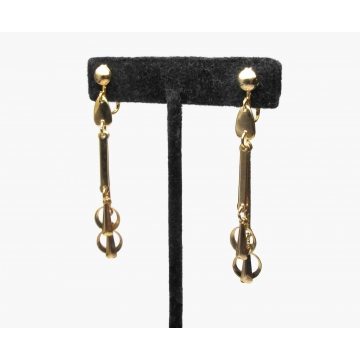 Vintage Long Gold Tone Dangle Clip on Earrings Bars and Circles Geometric Kinetic Jewelry Long Thin Earrings
