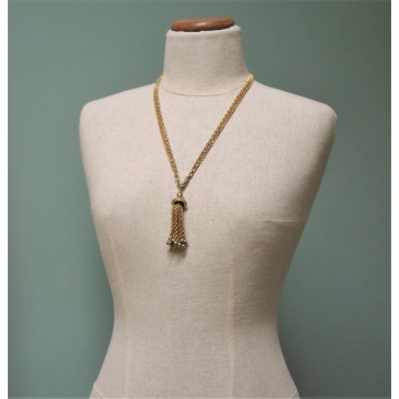 Vintage Gold Tone Ball Tassel Pendant Necklace Long 24 inch Double Strand Chain Tassel Statement Necklace
