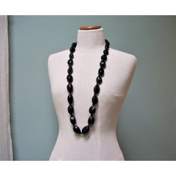Vintage Hawaiian Kukui Nut Necklace Lei Long Chunky Black Kukui Nut Beads on Black Ribbon 38 inch Statement Necklace
