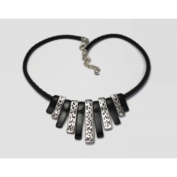 Vintage Lucite and Silver Tone Filigree Metal Fringe Bib Necklace with Adjustable Extender 17 18 19 inch Braided Rope Chain