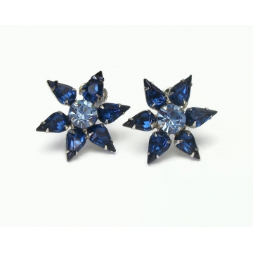 Vintage Sapphire and Aquamarine Blue Crystal Star Clip on Earrings Rhinestone Floral Formal Jewelry March December Birthstone