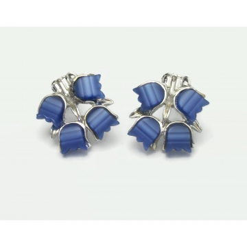 Vintage Blue Thermoset Floral Clip on Earrings Blue and Silver Flowers Mid Century Jewelry 1950s 1960s