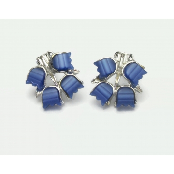 Vintage Blue Thermoset Floral Clip on Earrings Blue and Silver Flowers Mid Century Jewelry 1950s 1960s