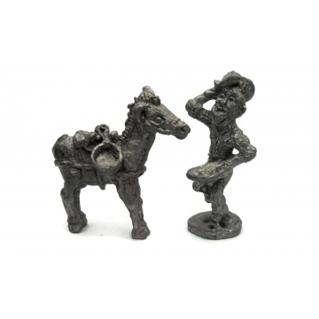 Vintage Pewter Miniature Horse and Cowboy Signed by Artist JB - Prospector & Pony Packhorse Panning for Gold Figurines Collectibles - Eureka