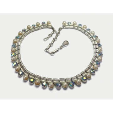 Vintage Coro Silver Tone Blue AB Crystal and Faux Pearl Choker Necklace with Adjustable Hook Clasp Mid Century Signed Coro Jewelry