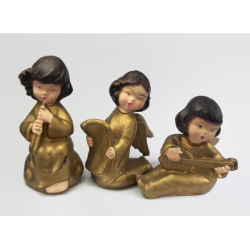 Mid Century Vintage Set Gold Plastic Angel Figurines Made in Italy Cherubs Little Angels Playing Instruments Christmas Decorations Decor