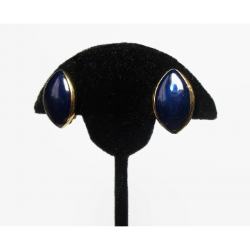 Vintage Trifari Deep Navy Midnight Blue Enamel Clip on Earrings Almond Lens Shaped Signed Jewelry