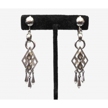 Vintage Long Silver Dangle Clip on Earrings Drop Earrings with Diamond Shapes and Metal Tassels Mid Century Jewelry