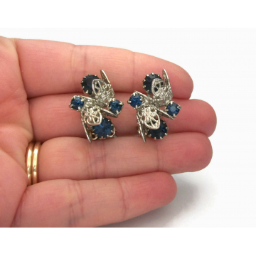 Vintage Silver Tone Filigree Navy Blue Rhinestone Clip on Earrings Formal Hanukkah Wedding Jewelry Floral Silver and Montana Blue Crystals