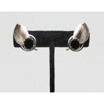 Vintage Silver and Black Onyx Leaf Clip on Earrings Art Nouveau Jewelry