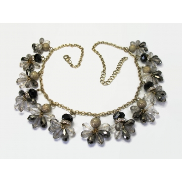 Vintage Black Gold Smoky Metallic Grey Clear Beaded Fringe Necklace Glass and Plastic Bead Cluster Charms Rhinestone Sparkly Formal Jewelry