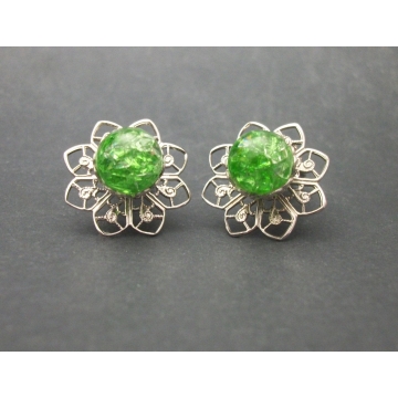 Vintage Green Crackle Glass and Silver Tone Filigree Clip on Earrings Silver and Green Floral Filigree Clip Earrings Mid Century