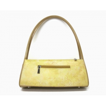 Vintage Autumn Leaf Print Handbag Yellow and Tan Vinyl Top Handle Purse Shoulder Bag  Lightweight Sturdy with Zipper Pockets