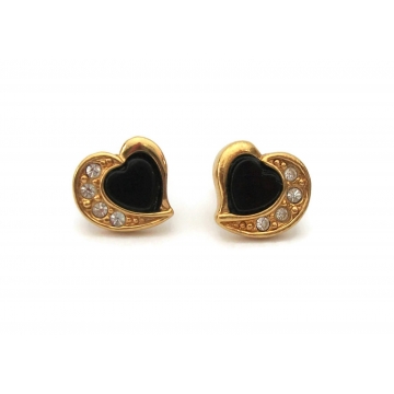 Vintage Avon Black Lucite & Gold Tone Heart Earrings with Clear Rhinestone Accents Signed Stud Earrings Hypoallergenic Surgical Steel Posts