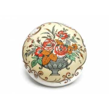 Vintage Sandford Fine Bone China Trinket Box Made in England Floral Flower Bouquet & Vase Design Small White Porcelain Round Box