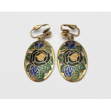 Vintage Cloisonne Enamel and Gold Floral Dangle Drop Clip on Earrings Black Rose Blue Green Black Orange