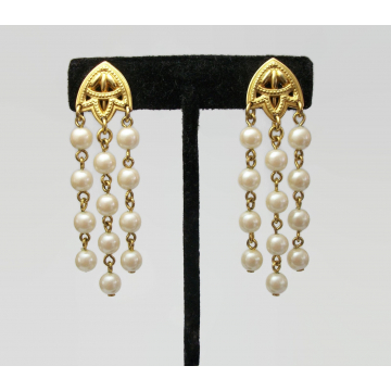 Vintage Long Gold Pearl Dangle Clip Earrings Pearl Strand Tassel Drop Earrings Wedding Bride Bridal Formal Prom Quinceañera Jewelry