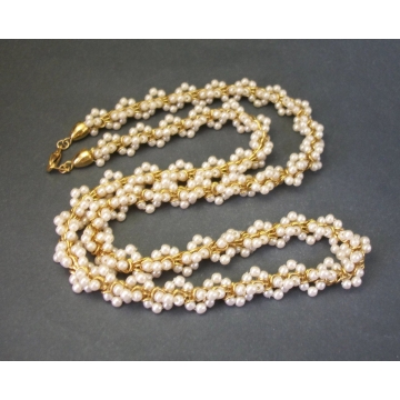 Vintage Pearl Cluster Twist Gold Tone Rope Necklace 24 inch Long Small Faux Pearl Bead Clusters Dainty Elegant Wedding Romantic Jewelry