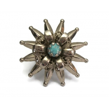 Vintage Silver Tone Filigree Starburst Brooch with Faux Turquoise Stone  Layered Silver Metal Sunburst Pin  Twelve 12 Point Star
