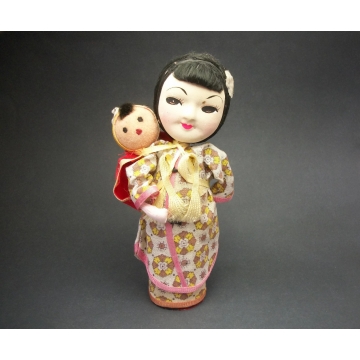 Vintage Asian Woman and Child Doll Mother and Baby Folk Art Doll with Hand Painted Face