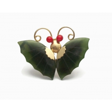 Vintage Carved Green Jade Colored Stone Butterfly Brooch Pendant with Coral Colored Eyes Gold Butterfly Lapel Pin