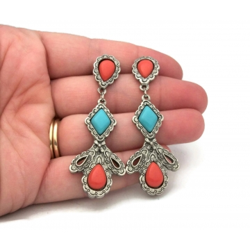 Vintage Silver Dangle Earrings with Faux Turquoise & Carnelian Stones Southwestern Boho Ornate Long Drop Post Earrings for Pierced Ears