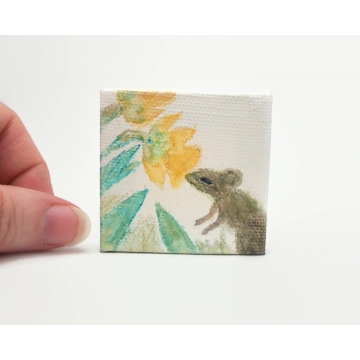 Small Pencil and Watercolor Painting of Mouse with Flowers Daffodils 2" x 2" Miniature Art Painting with Wood Easel