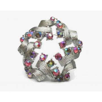Vintage Silver Tone Pink and Green AB Rhinestone Brooch Mid Century Jewelry AB Silver Woven Ribbon Star Wreath Pin