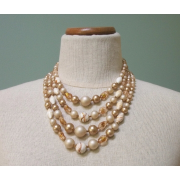Vintage 1950s Four Strand Glass & Plastic Bead Necklace Pale Beige Gold and Tangerine Mid Century Multistrand Beaded Necklace Made in Japan