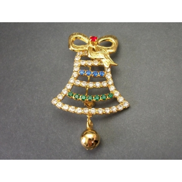 Vintage Rhinestone Jingle Bell Christmas Brooch Gold with Clear Blue Red Green Crystals Bell Christmas Pin Lapel Pin for Men or Women
