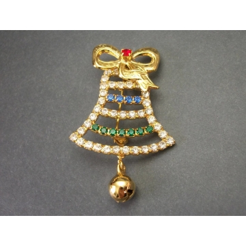 Vintage Rhinestone Jingle Bell Christmas Brooch Gold Tone with Clear Blue Red Green Crystals Bell Christmas Pin Lapel Pin for Men or Women