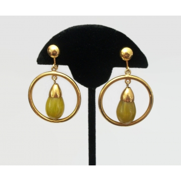 Vintage Clip on Drop Hoop Earrings Gold with Chartreuse Yellow Moss Green Drops Big Dangle Hoop Clip Earrings
