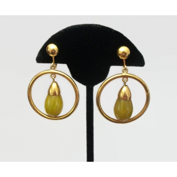 Vintage Clip on Drop Hoop Earrings Gold Tone with Chartreuse Yellow Moss Green Drops Big Dangle Hoop Clip Earrings
