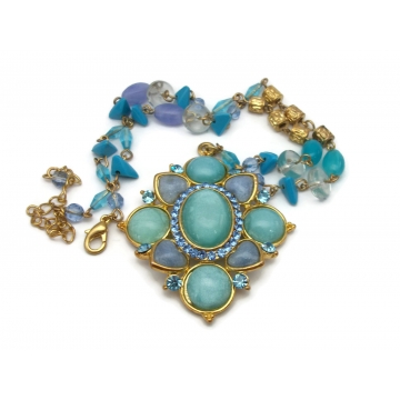 Vintage Blue Moonglow Medallion Pendant Necklace Gold Tone Shades of Blue Shimmery Rhinestones Aqua Turquoise Periwinkle Big Pendant