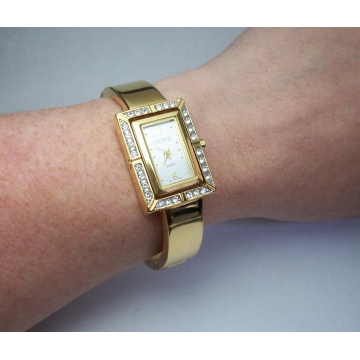 Joan Rivers Gold Pave Crystal Quartz Watch & Reversible Hinged Bangle Bracelet Original Box Clear Rhinestone Watch New Battery