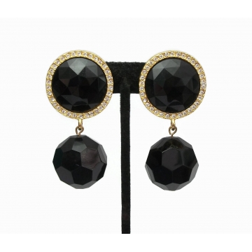 Vintage Signed Les Bernard Chunky Black & Gold Drop Clip On Earrings Clear Crystal Rhinestones Large Faceted Balls Designer Dangle Earrings