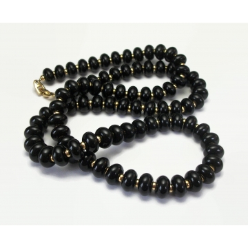 Vintage Signed Napier Black and Gold Bead Necklace 30 inch Long Beaded Necklace Flat Round Beads Chunky Jewelry